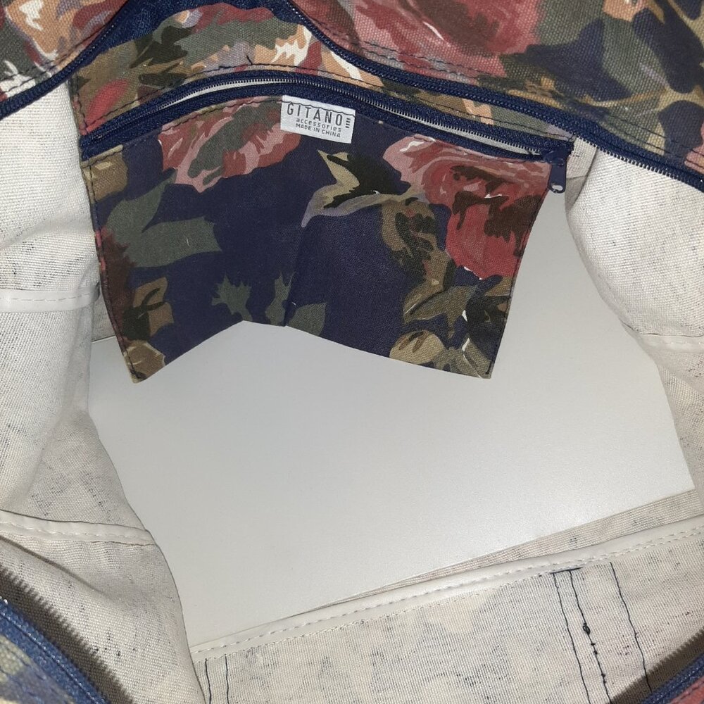 VTG Gitano 80's/90's Navy Floral Cotton Canvas Duffle Weekender Bag - Picture 10 of 16